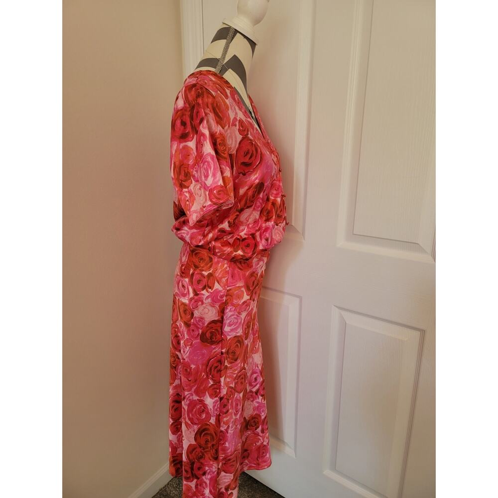 Pink Floral Rose Print Wrap Top & Flare Skirt Set Sz M Satin Lightweight Travel - Picture 5 of 13